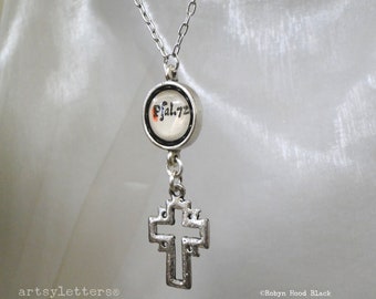 Antique Text Silver Plated Necklace with Vintage Cross - Psalm 72