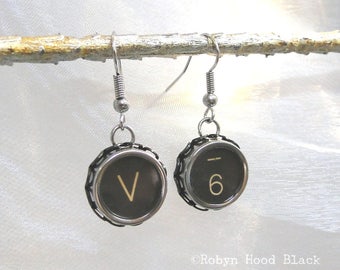 Typewriter Key Earrings Vintage  Letter V and Number 6 Keys