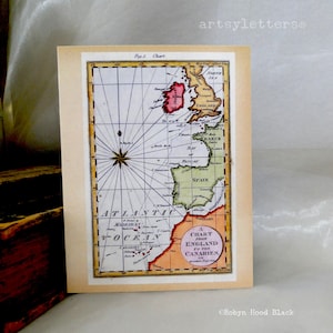 Antique Map Note Cards, England to the Canaries with Compass Rose, c. 1800 - Pack of 8