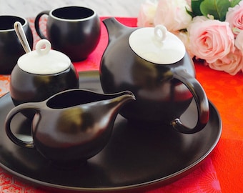 Modern Tea Set Of 6, Ceramic Eva Teapot And Tea Cups, Black And White Tea Service, Monochrome Kitchen,Japanese-Inspired Tea Sets,Handcrafted