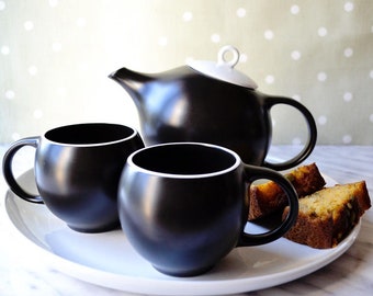 Black Teapot And Tea Cups Set, Modern Tea Set Of 3, Scandinavian Tea Service, Eva Teapot With Infuser, Ceramic Tea Set, Kitchenware