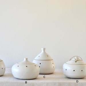 May include: Four white ceramic containers with lids, each with a unique shape and design. The containers have small, evenly spaced holes and are arranged on a neutral-coloured surface.