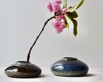 Handmade Ikebana Vase: Stoneware Pottery, Mottled Blue-Green Glaze, Small Vase Decor