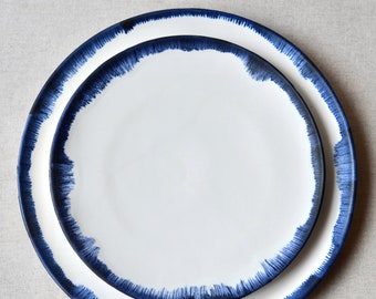 Blue And White Porcelain Plates, Blue Rim Plates, Nordic Dinnerware, Ceramic Plates, Dinner Plate, Salad Plate, Handmade Kitchenware, Host