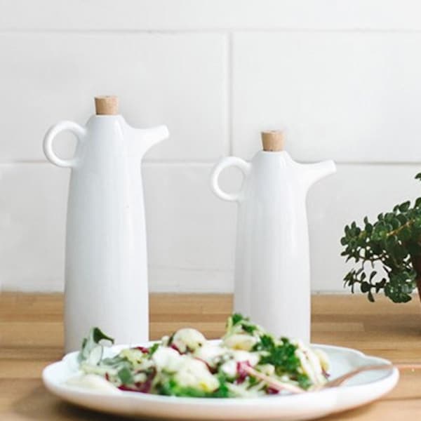 White Ceramic Oil and Vinegar Dispenser Set with Cork