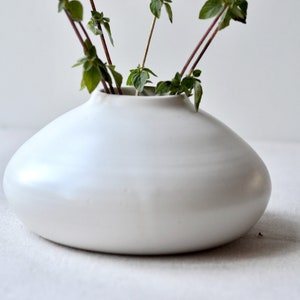May include: A white ceramic vase with a rounded, organic shape. The vase is filled with green leafy stems.