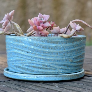 Maceta de bonsái de cerámica texturizada verde aguamarina hecha a mano con bandeja - Fabricada con arcilla de estudio reciclada