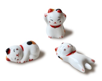 Porcelain Maneki Neko Set: Japanese Lucky Cat Figurines, Kawaii Ornaments