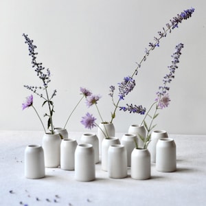 Op de afbeelding: Een verzameling van 10 kleine witte keramische vazen gerangschikt in een rij op een wit oppervlak. De vazen zijn gevuld met takjes lavendel en kleine paarse bloemen.