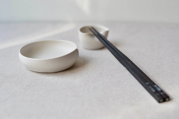 Matte White Soy Sauce Bowl & Chopstick Rest Set - Handmade Ceramic
