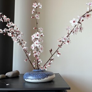 Handmade Ceramic Vase: Low Flat Moribana Ikebana Vase, Japandi Home Decor, Unique Blue and White "furry" glaze