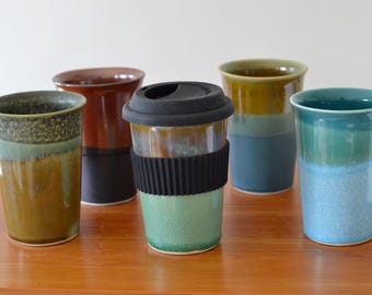 Handmade Ceramic Travel Mug with Silicone Lid: 350 ml. Unique, Eco-friendly, Gift. Porcelain Tea & Coffee Tumbler - assorted colours