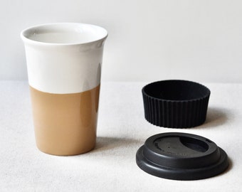 Handmade Ceramic Travel Tumbler: Porcelain Coffee Mug with Silicone Lid