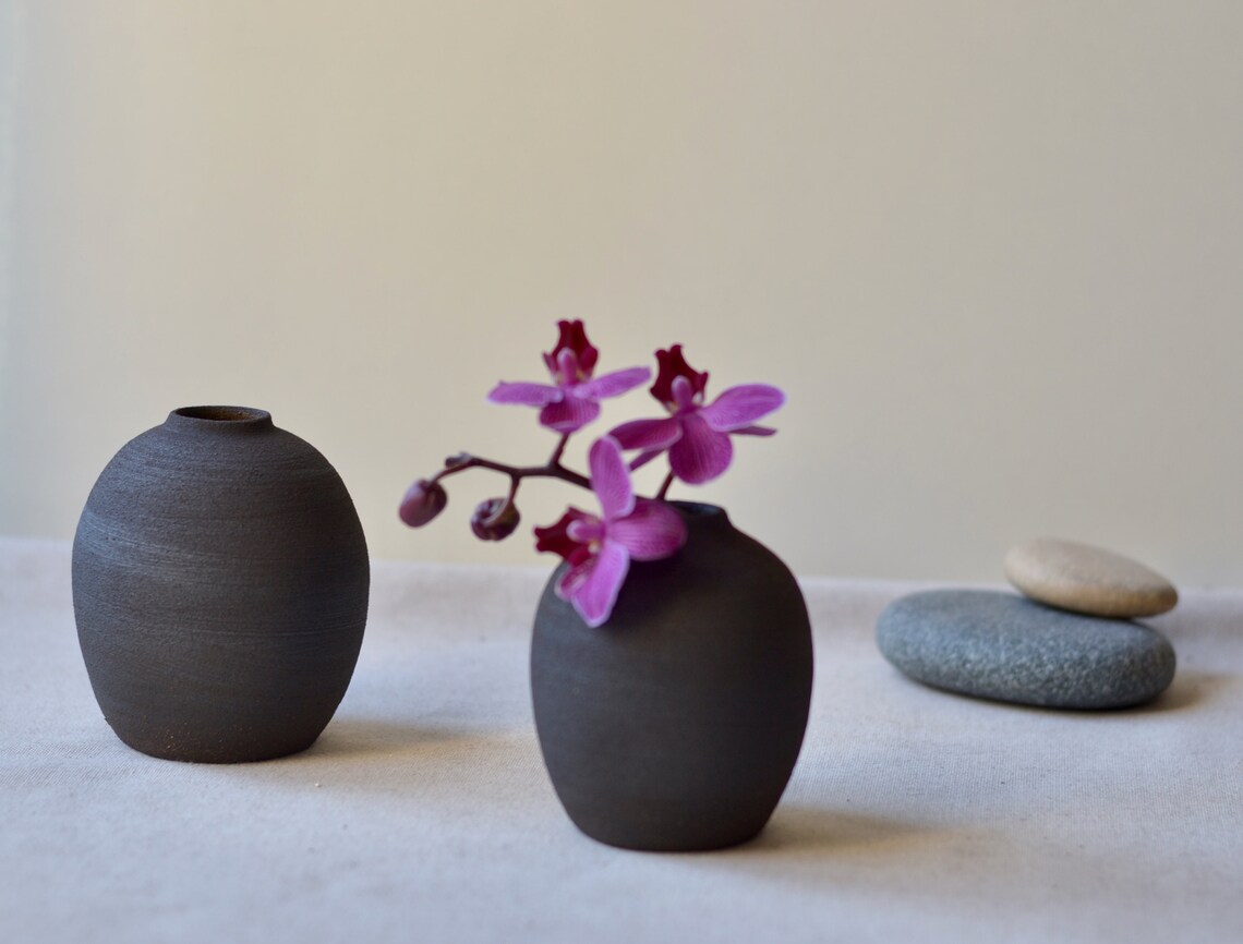 Rounded Rustic Black Clay Bud Vases Black Glaze Over Black Etsy
