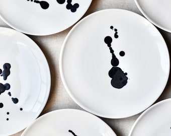 Ink Blot Porcelain Plates, Black And White Plates, Ceramic Plates, Modern Dinner Plate, Serving Dishes, Salad Plate, Handmade Pottery