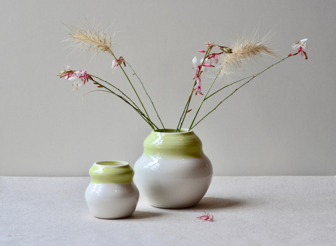 Handmade Ceramic Bud Vases, Set of 2: Green & White Porcelain - Etsy