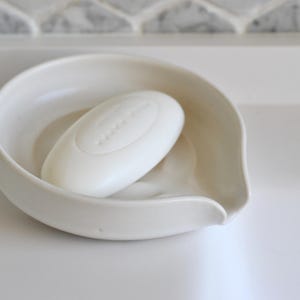 Handmade Ceramic Soap Dish with Draining Spout: Roman Soapdish, Self-Draining Matte White Stoneware