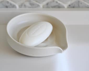 Handmade Ceramic Soap Dish with Draining Spout: Roman Soapdish, Self-Draining Matte White Stoneware