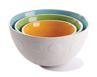 Textured Ceramic Mixing Bowls Set with a Tactile hand-carved texture design, Nesting Serving Bowls in Aqua, Lime, Marigold. Food Safe Glaze.