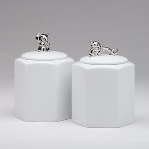 Hexagon Tea Jar: Porcelain Canister with Silver Dragon or Elephant Lid
