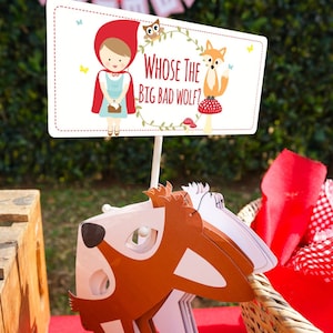 Girls Little Red Riding Hood Birthday Party Game Signs Printable Big Bad Wolf Masks Instant Download Edit File with Adobe Reader