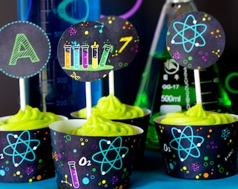 Adornos para cupcakes de ciencia para fiesta de cumpleaños de niño Adornos para fiesta de ciencia Decoración para fiesta de ciencia DIY Descarga instantánea Editar archivo con Adobe Reader
