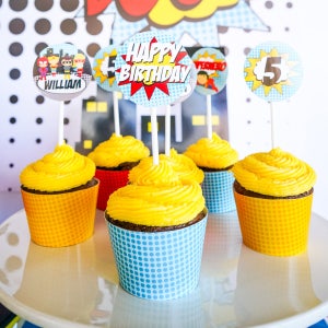 Boy Birthday Party Superhero Cupcake toppers Superhero Cupcakes Superhero Cupcake Wrappers Instant Download Edit with Adobe Reader