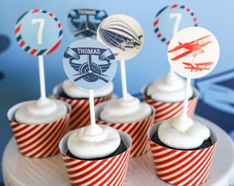 Biplane Party Cupcake Toppers - Vintage Airplane Cupcake Toppers and Wrappers - Airship Party - Instant Download and Edit File at home