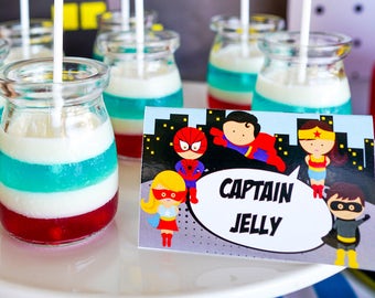 Junge Geburtstagsparty Superheld Partyzelt Karten Superhero Food-Etiketten Food-Tags Superheld-Dekor-Etiketten Sofortiger Download Bearbeiten Sie mit Adobe Reader