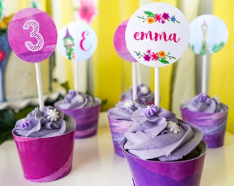 Rapunzel Party Cupcake Toppers and Cupcake Wrappers - Princess Party Toppers - Instant Download and Edit File at home with Adobe Reader