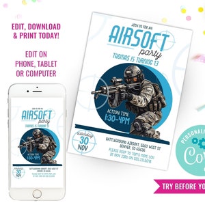 Invitation fête d'anniversaire garçon Airsoft Invitation fête airsoft Style militaire bleu Téléchargement instantané Modifier le fichier avec Corjl