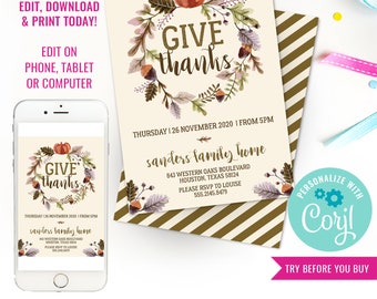 Thanksgiving Invitation Watercolor Thanksgiving Invitation Give Thanks Invite Bring and Share Thanksgiving Instant Download Edit in Corjl