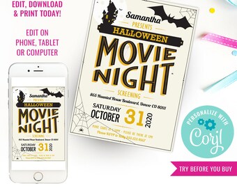 Halloween Movie Night Party Invitation - Halloween Invitation - Movie Night Invitation - Instant Download & Edit File with Corjl