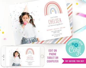 Girl Birthday Party Rainbow Invitation Boho Rainbow Birthday Modern Rainbow Party Invite Instant Download Edit File with Corjl