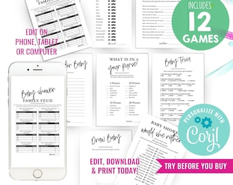 Baby Shower Games DIY Baby Shower Games Bundle Printable Baby Party Games Instant Download Edit File with Corjl