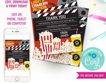 Movie Night Thank You Cards - Movie Party Favor Cards - Movie Night Party - Instant Download & Edit File with Corjl