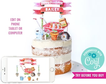 Gardening Birthday Party Cake Topper Planting Party Cake Topper Girls Garden Party Cake Topper Instant Download Edit File with Corjl