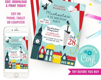 Birthday Party Invitation Mary Poppins Birthday Party Invite Mary Poppins Party Instant Download Edit in Corjl