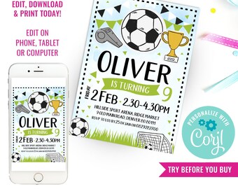 Uitnodiging voetbalfeestje voor jongens voetbal uitnodiging DIY jongens afdrukbare voetbaluitnodiging Direct downloaden en bewerken van bestand met Corjl