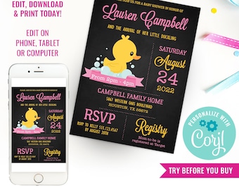 Invitación de patito de goma para baby shower de niña Invitación de patito de goma para baby shower de niña Linda invitación de patito de goma para baby shower Descarga instantánea Editar archivo con Corjl