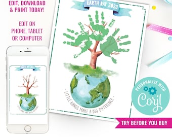 Save the Earth Recycle Kids Activity Sheets Educate Earth Day Handprint Craft Hand print Earth Day Art Instant Download Edit in Corjl