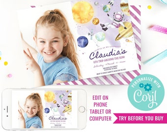Invitation for Space Astronaut Birthday Party Picture Invite Girls Space Party Watercolor Solar System Instant Download Edit File in Corjl