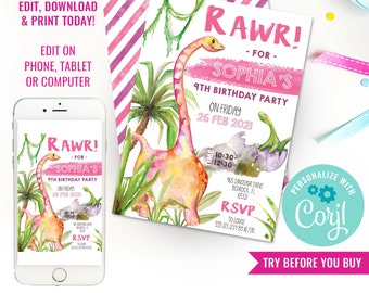 Dinosaur Birthday Party Invitation - Girl Dinosaur Watercolor Birthday Invitation - Dino Party - Instant Download & Edit File with Corjl