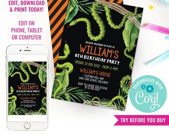 Boy Birthday Party Snake Invitation Reptile Snake Party Invite Reptile Party Green Snake Invite Instant Download Edit File with Corjl