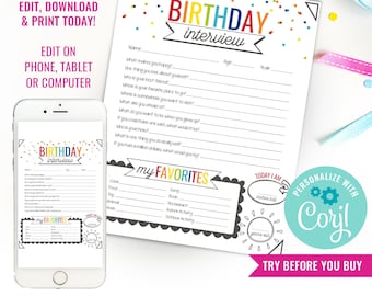 Kids Birthday Interview for Boys Kids Annual Interview Birthday Keepsake Child Tradition Instant Download Edit File with Corjl