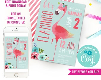 Girl Birthday Party Flamingo Invitation Pink Flamingo Party Invite Floral Flamingo Party Summer Flamingo Instant Download Edit with Corjl