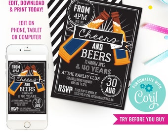 Birthday Party Invitation Cheers And Beers Invitation Brewery Birthday Party Men 30th Invite 40th 50th Invite Instant Download Edit in Corjl