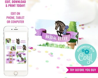 Girls Birthday Party Horse Show Jumping Food Labels Watercolor Horse Birthday Tent Cards Pony Party Labels Instant Download Edit in Corjl