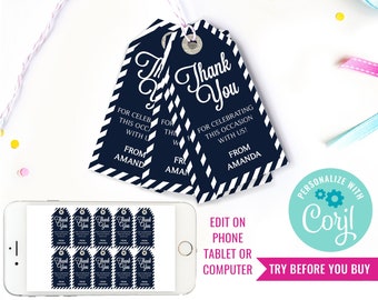 Navy Blue and Silver Graduation Favor Tags - Graduation Favors - Instant Download & Edit File with Corjl