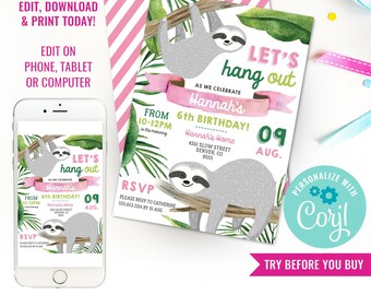 Sloth Party Invitation - Girls Sloth Invitation - Sloth Birthday Party Invitation - Instant Download & Edit File with Corjl